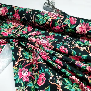 Branches Leaves Pink Flowers Fabric