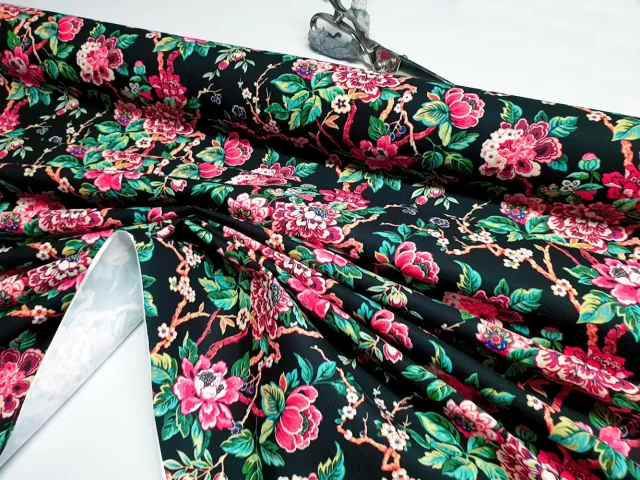 Branches Leaves Pink Flowers Fabric