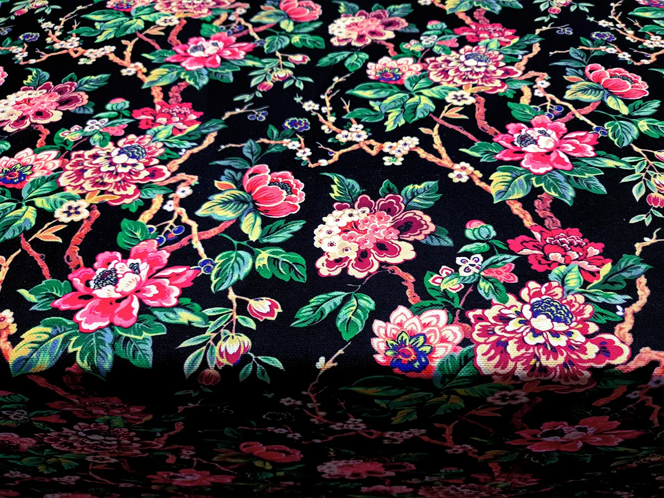 Branches Leaves Pink Flowers Fabric