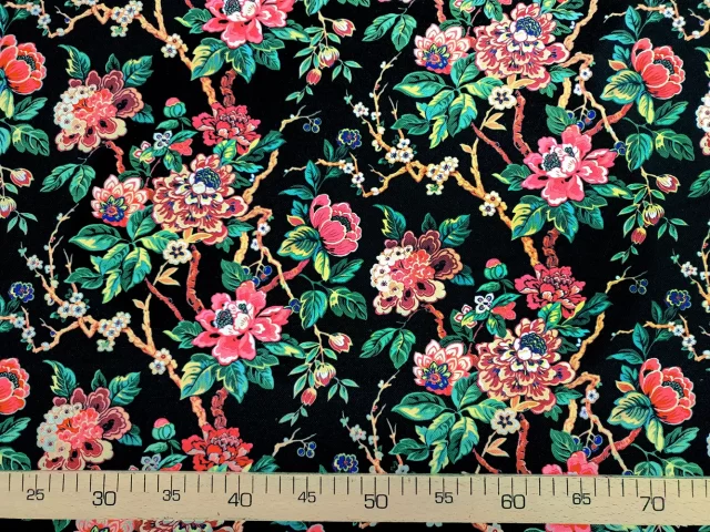 Branches Leaves Pink Flowers Fabric