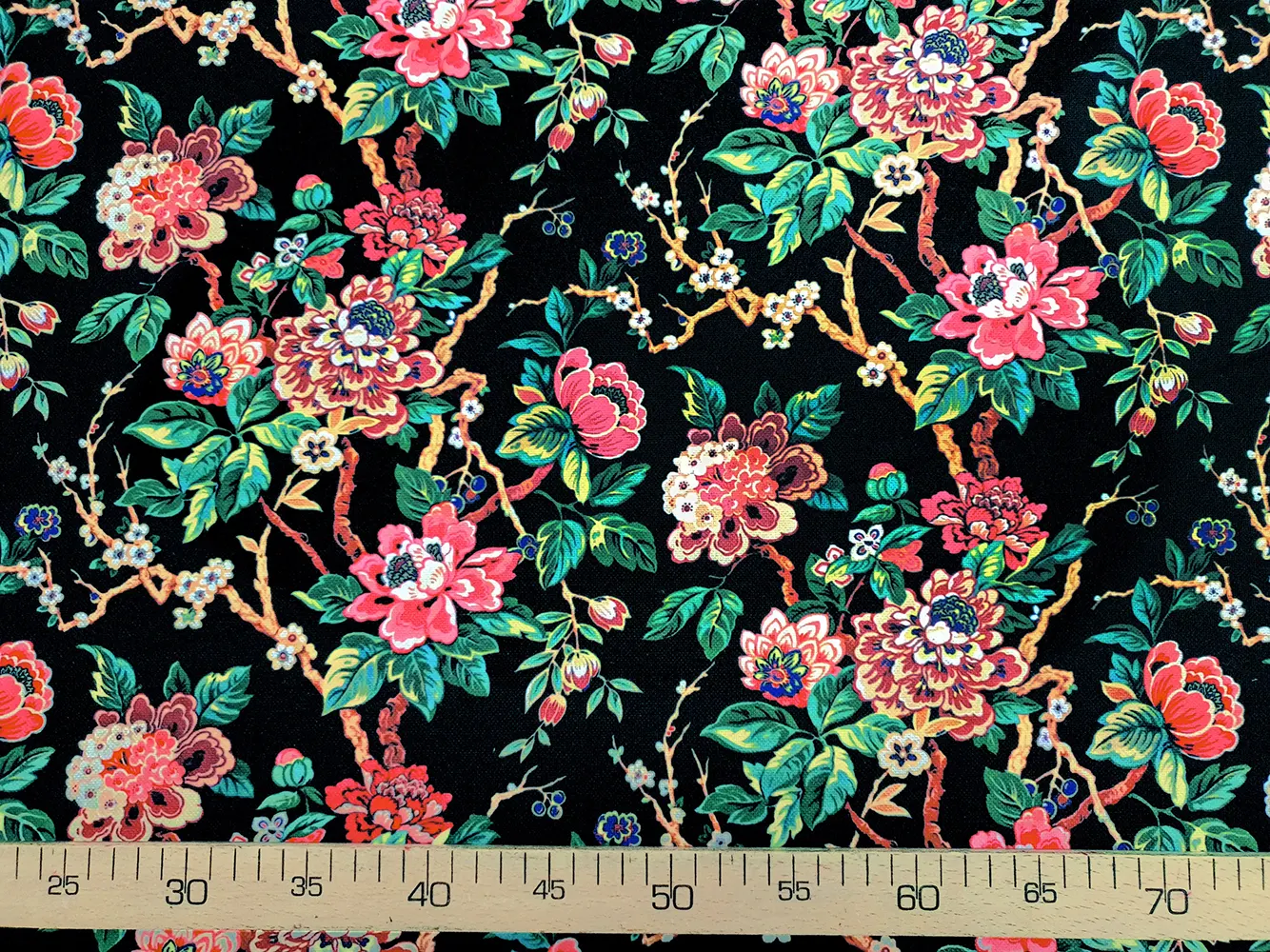 Branches Leaves Pink Flowers Fabric