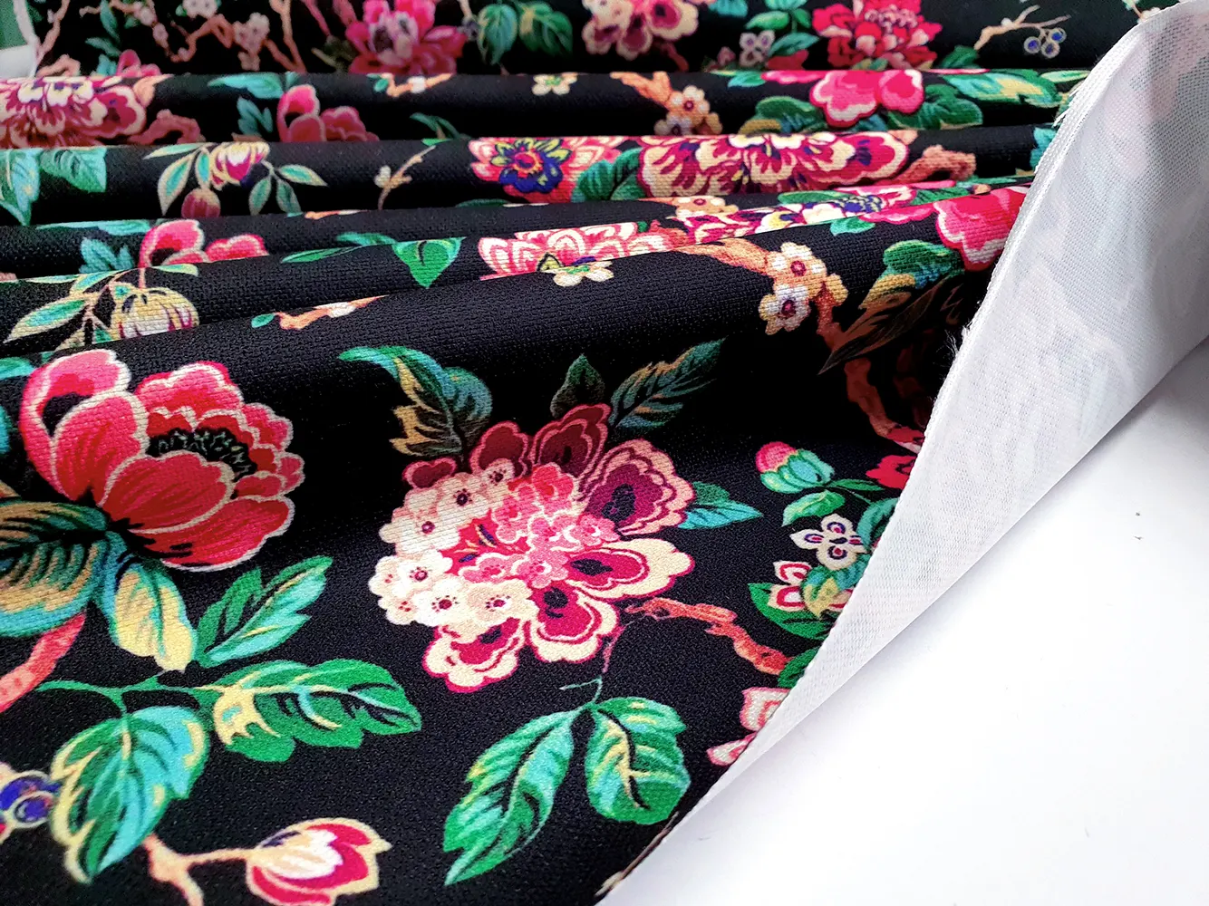 Branches Leaves Pink Flowers Fabric