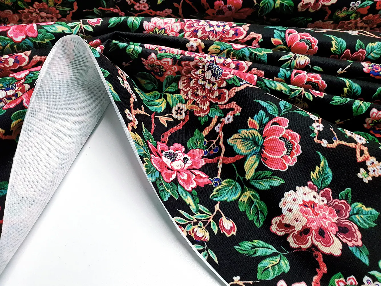 Branches Leaves Pink Flowers Fabric