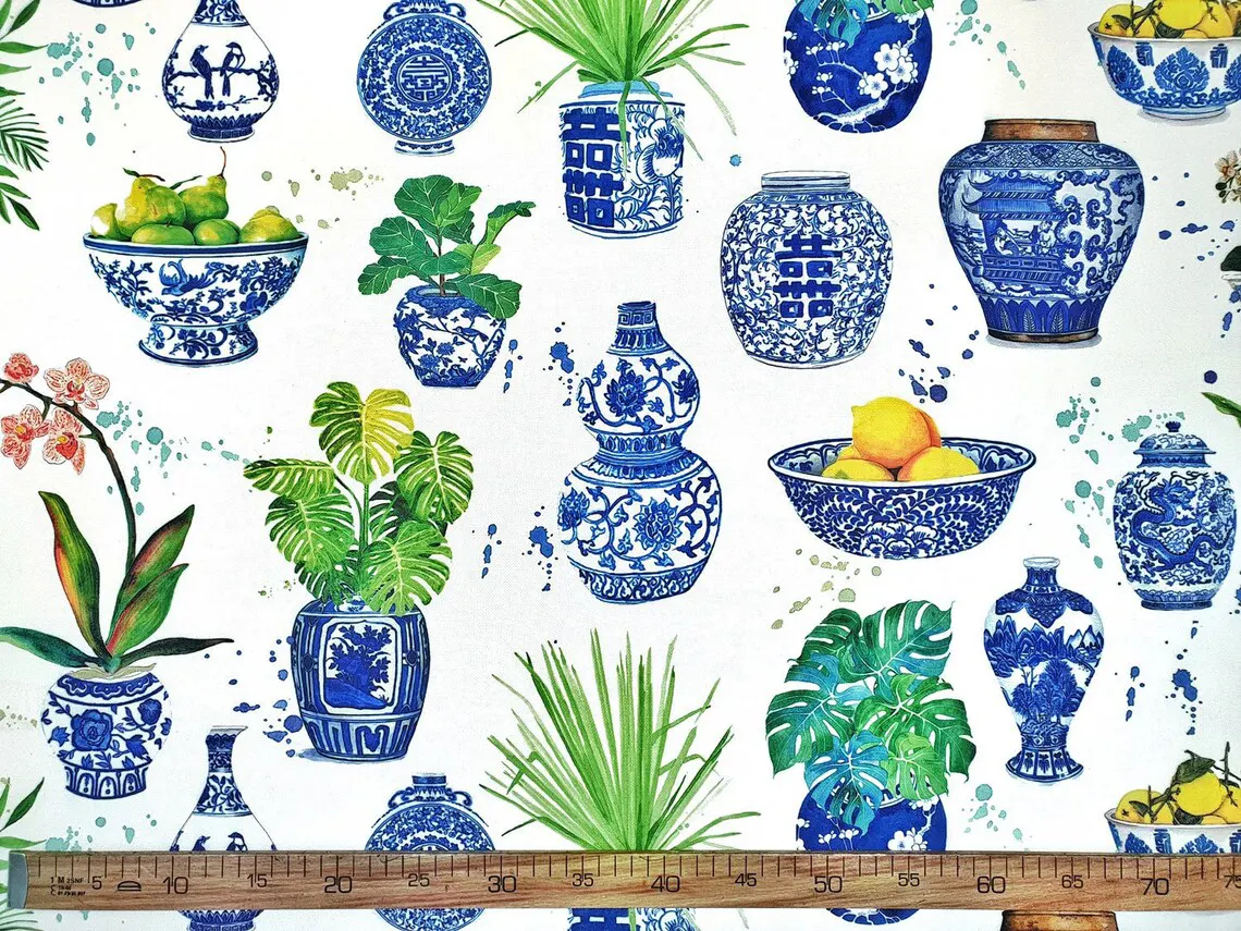 Chinoiserie Blue Faience Vases Fabric