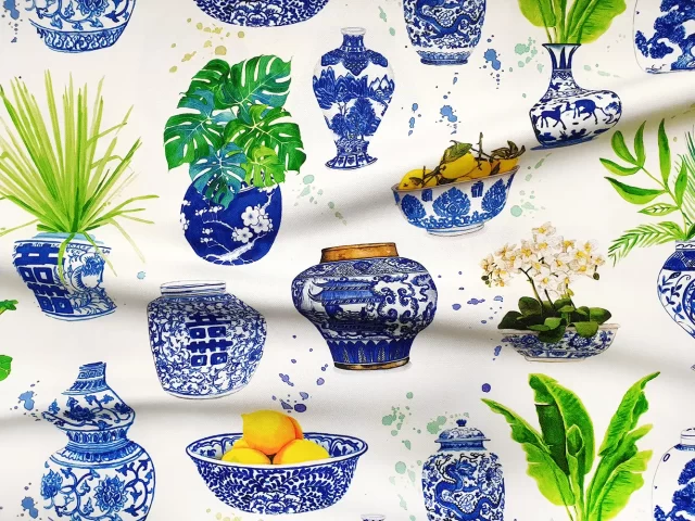 Chinoiserie Blue Faience Vases Fabric