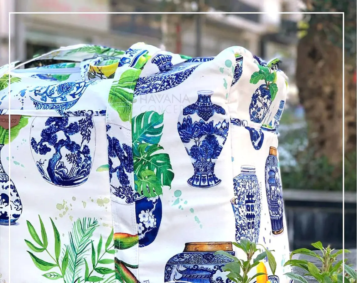 Chinoiserie Blue Faience Vases Fabric