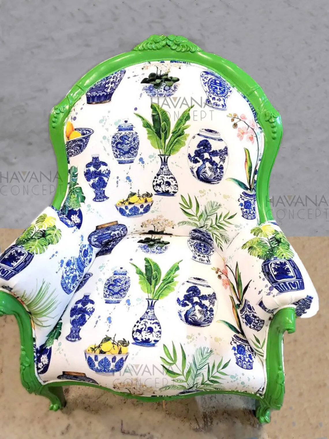 Chinoiserie Blue Faience Vases Fabric