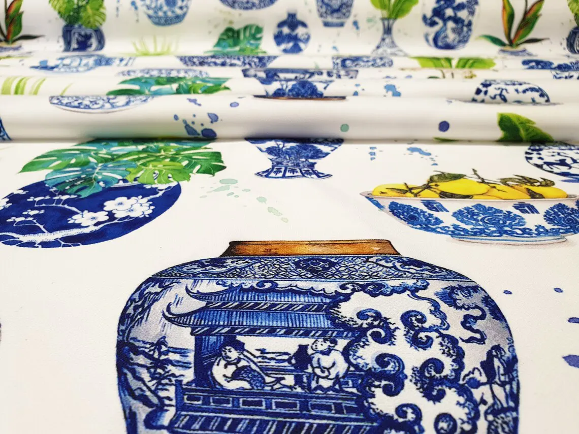 Chinoiserie Blue Faience Vases Fabric