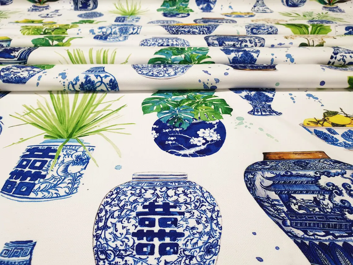 Chinoiserie Blue Faience Vases Fabric