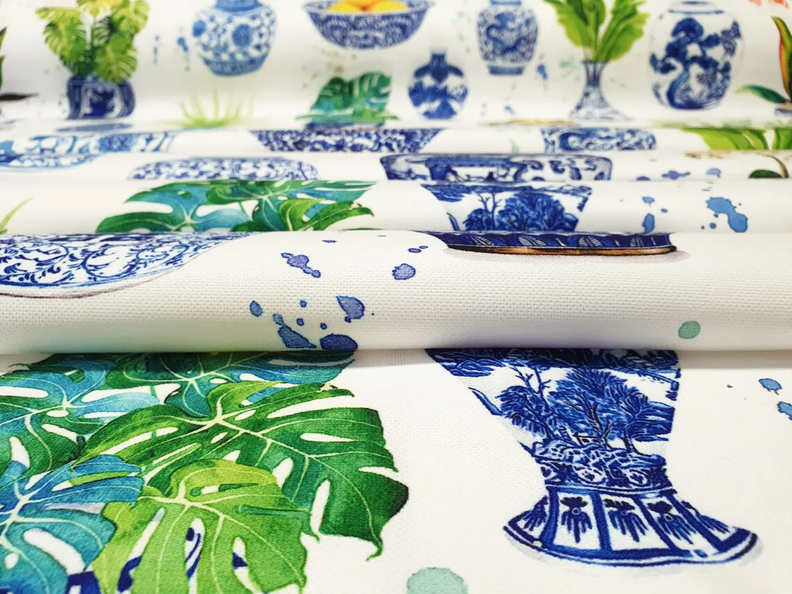 Chinoiserie Blue Faience Vases Fabric