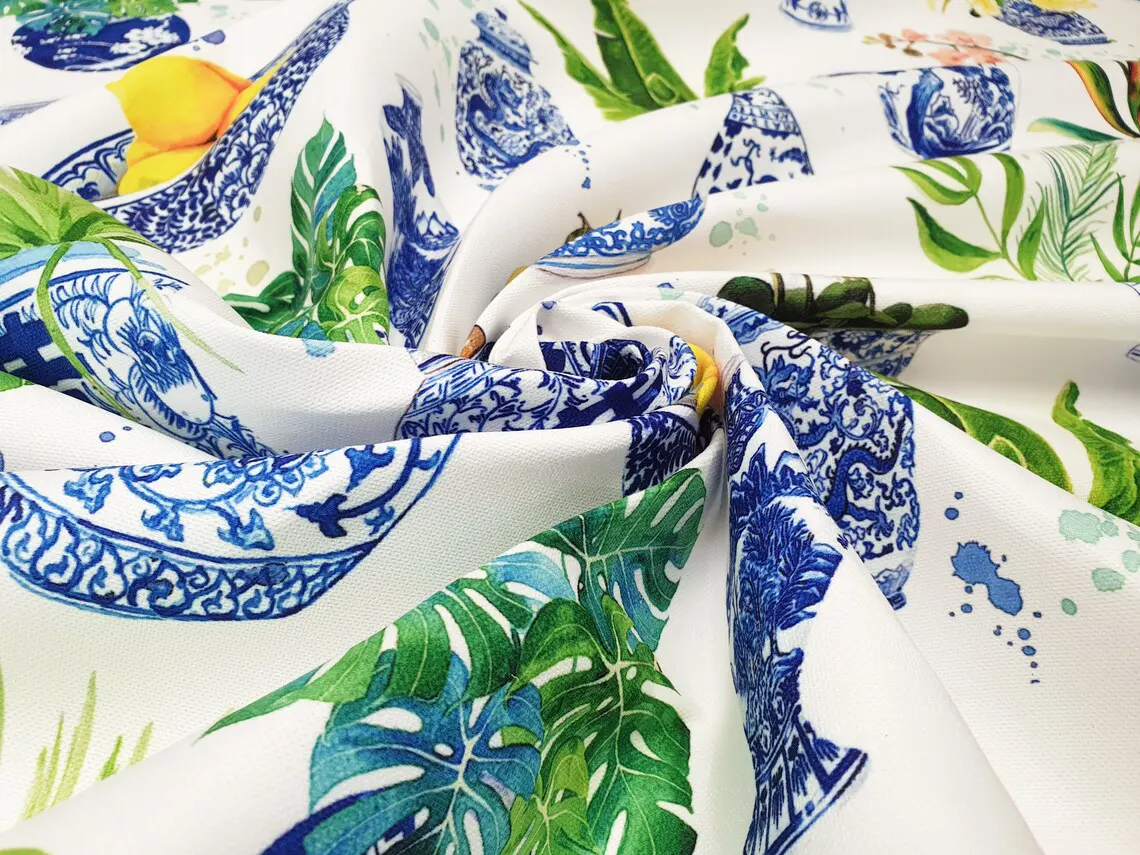 Chinoiserie Blue Faience Vases Fabric