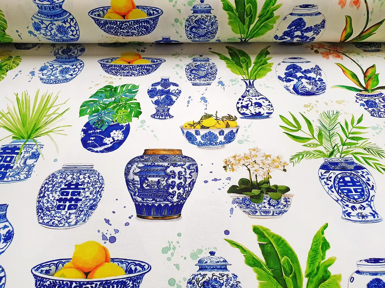 Chinoiserie Blue Faience Vases Fabric