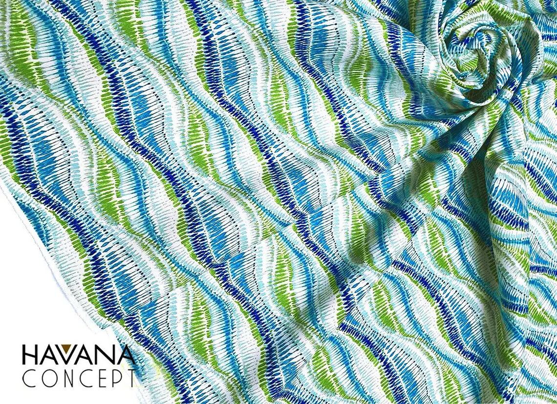 Green Blue Wavy Ikat Print Fabric