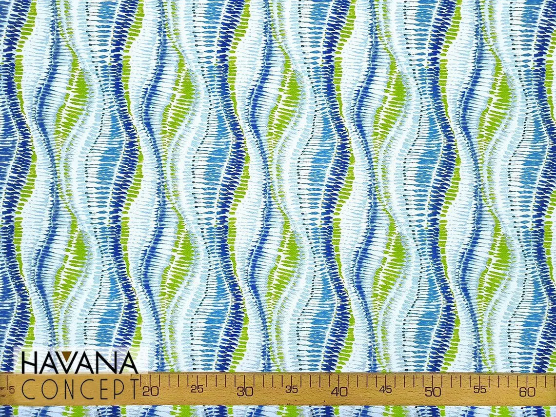 Green Blue Wavy Ikat Print Fabric
