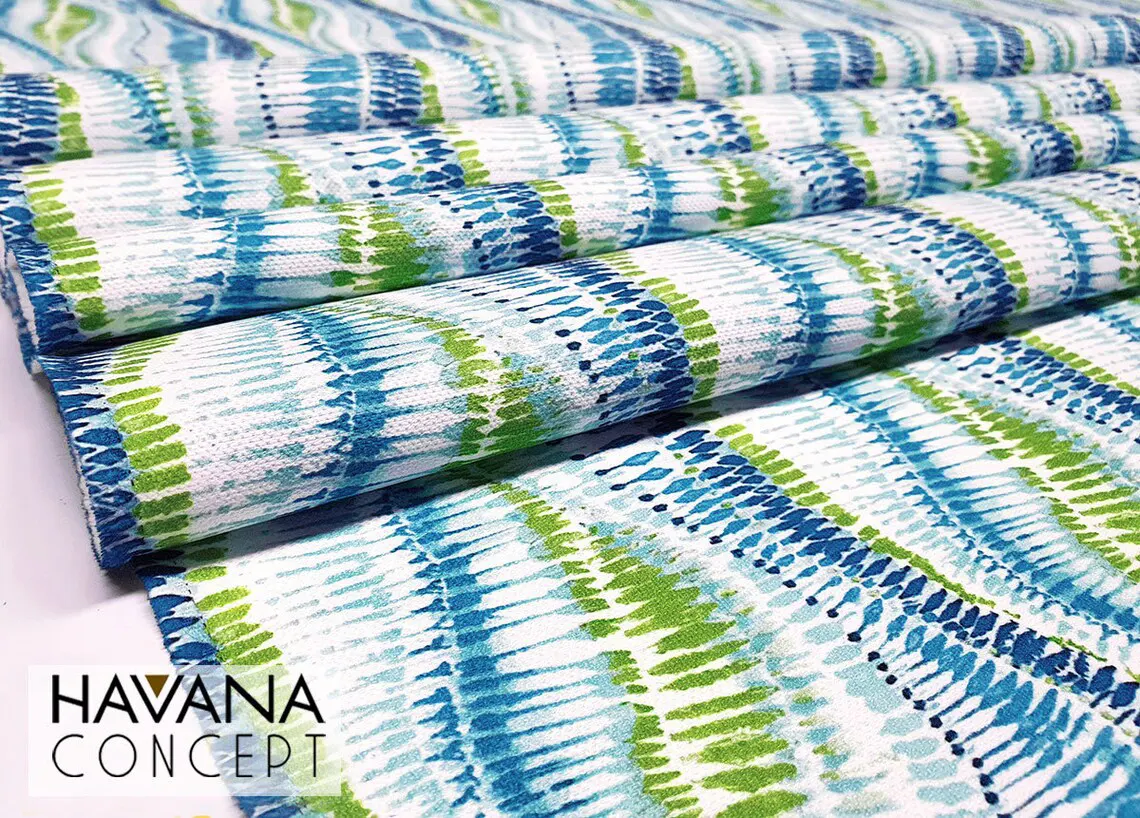Green Blue Wavy Ikat Print Fabric