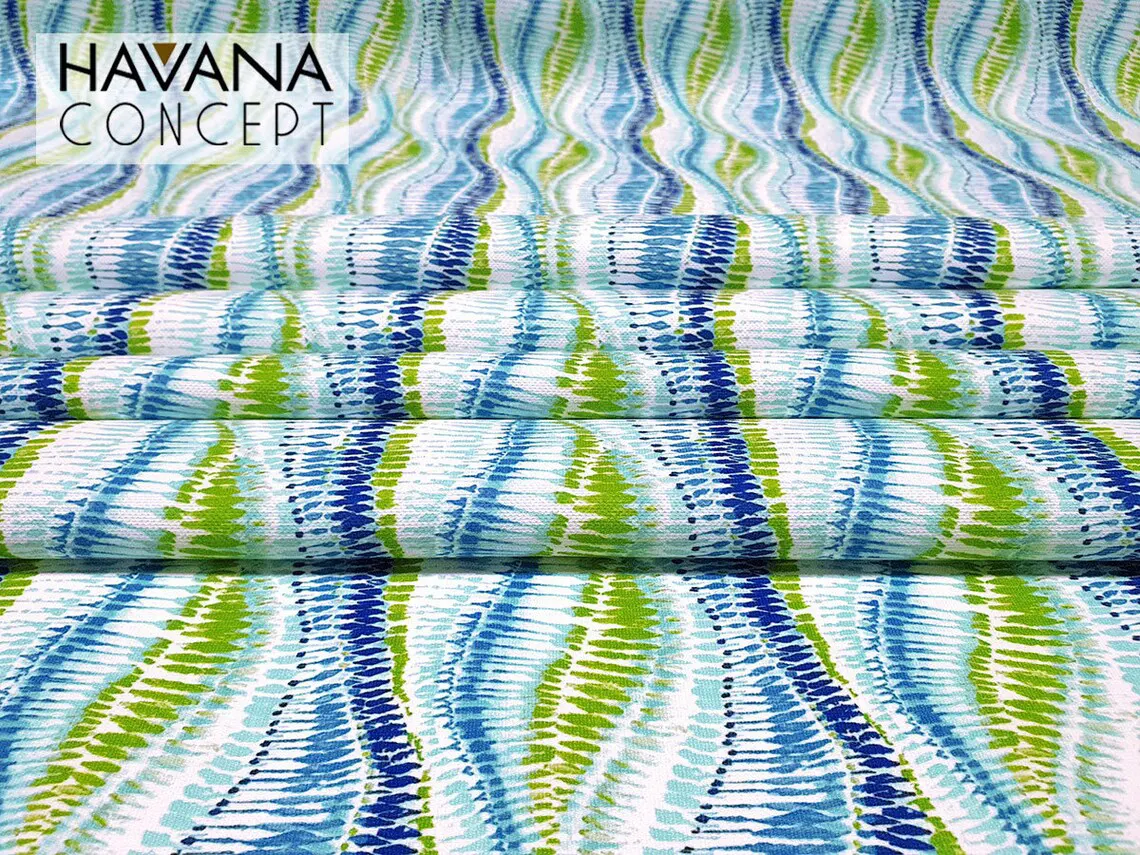 Green Blue Wavy Ikat Fabric