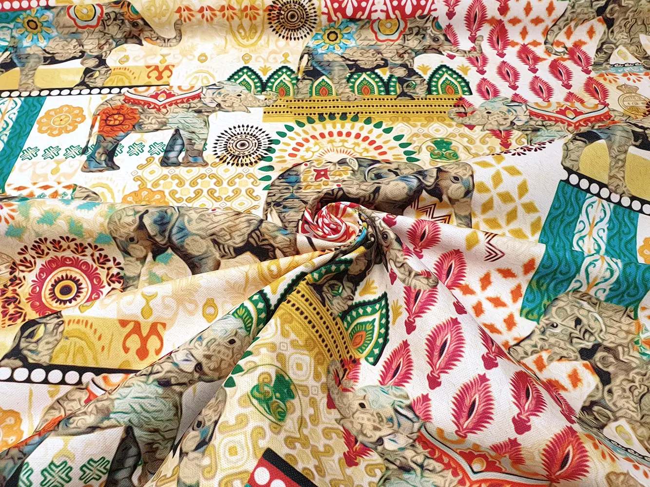 Indian Elephants Bohemian Fabric