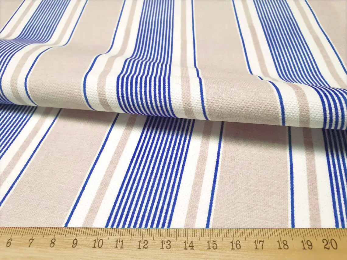 Navy Beige Ticking Stripes Fabric