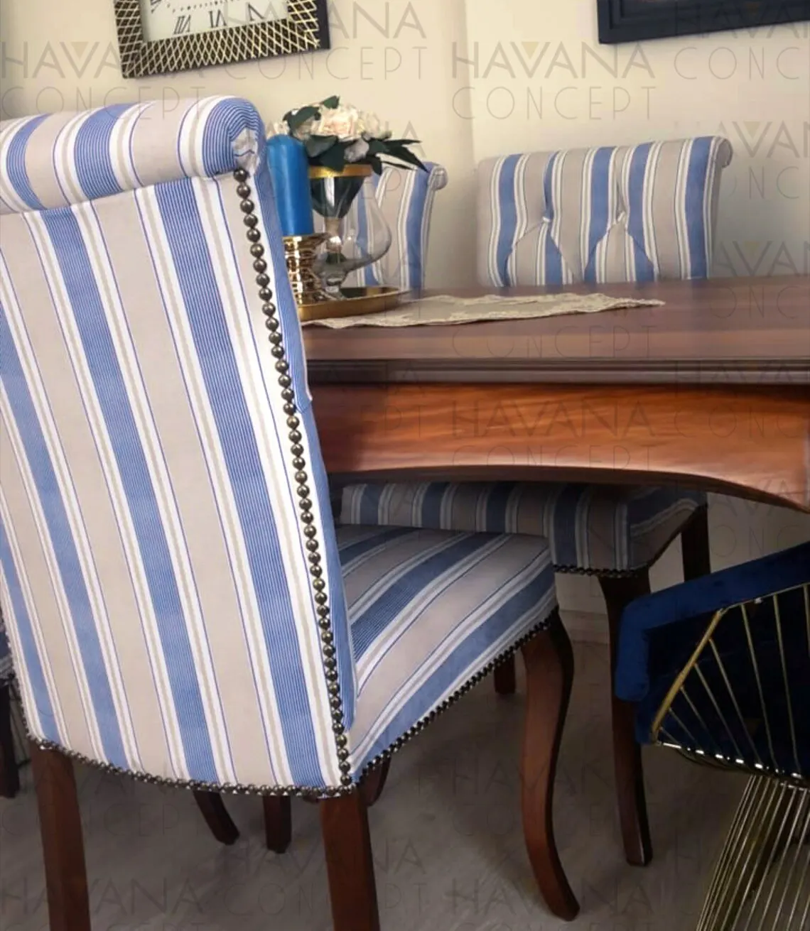 Navy Beige Ticking Stripes Fabric