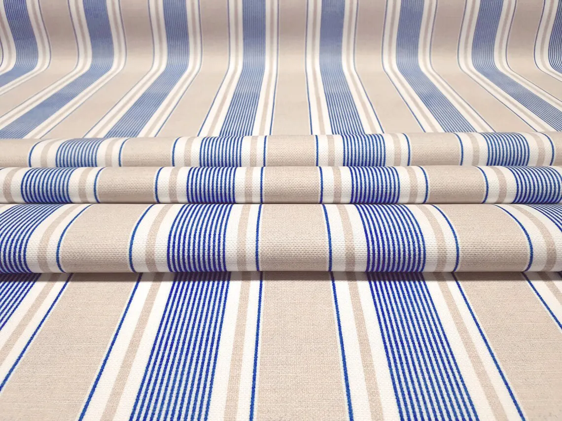 Navy Beige Ticking Stripes Fabric