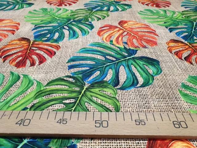 Orange Green Monstera Leaves Fabric