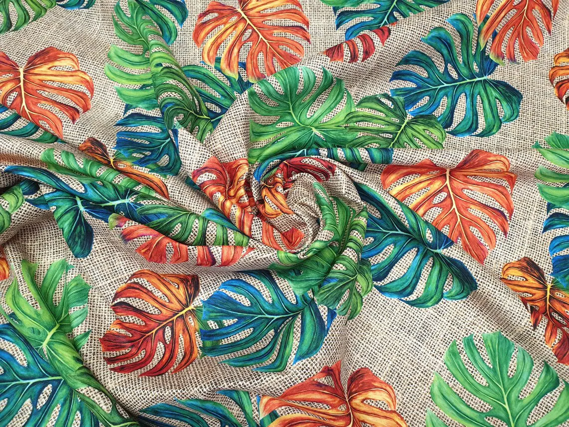 Orange Green Monstera Leaves Fabric