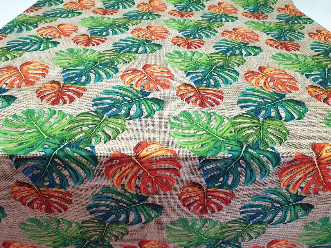 Orange Green Monstera Leaves Fabric