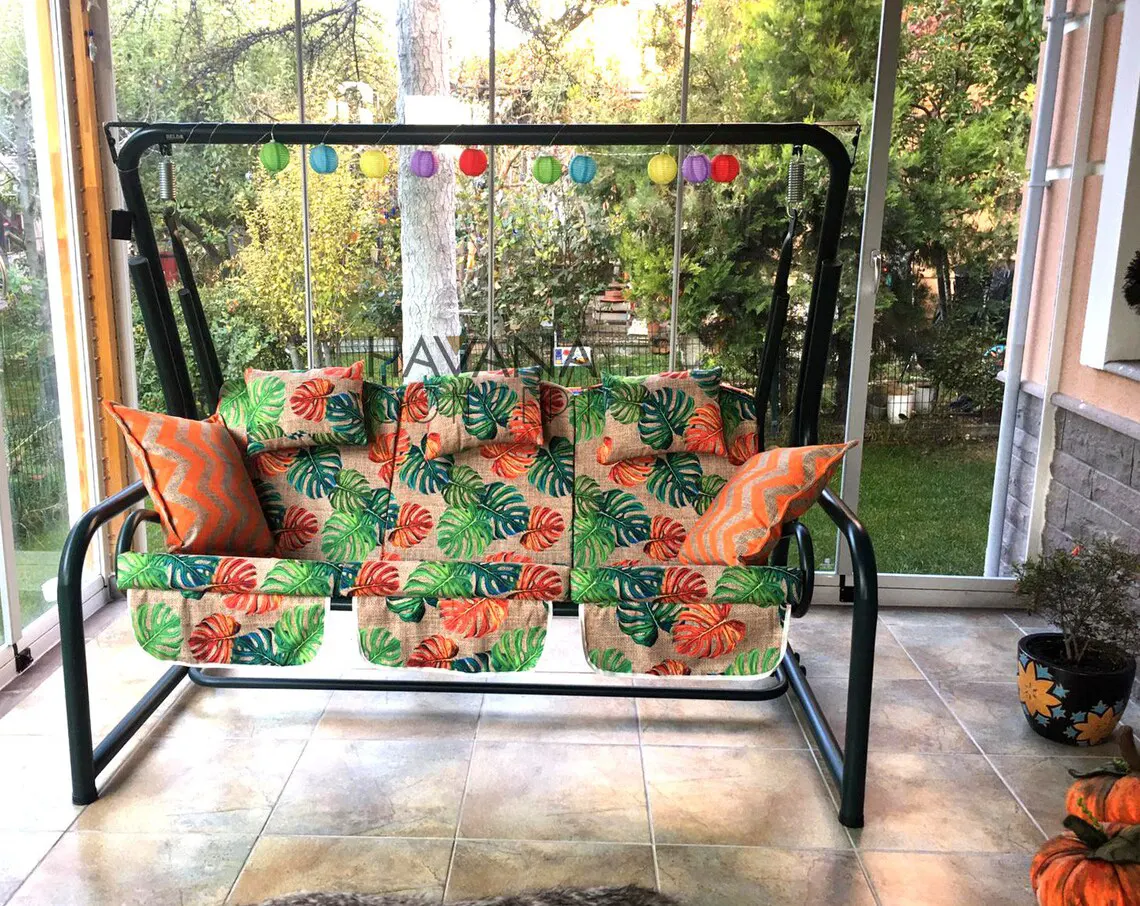 Orange Green Monstera Leaves Fabric