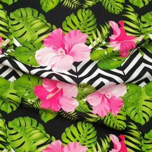 Pink Hibiscus Floral Chevron Fabric