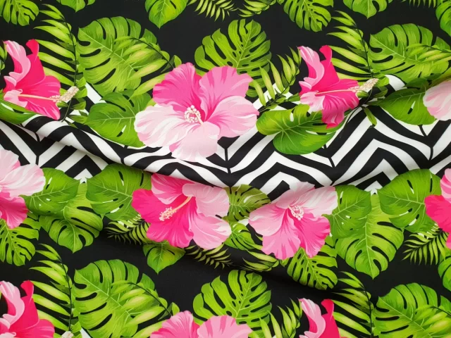 Pink Hibiscus Floral Chevron Fabric
