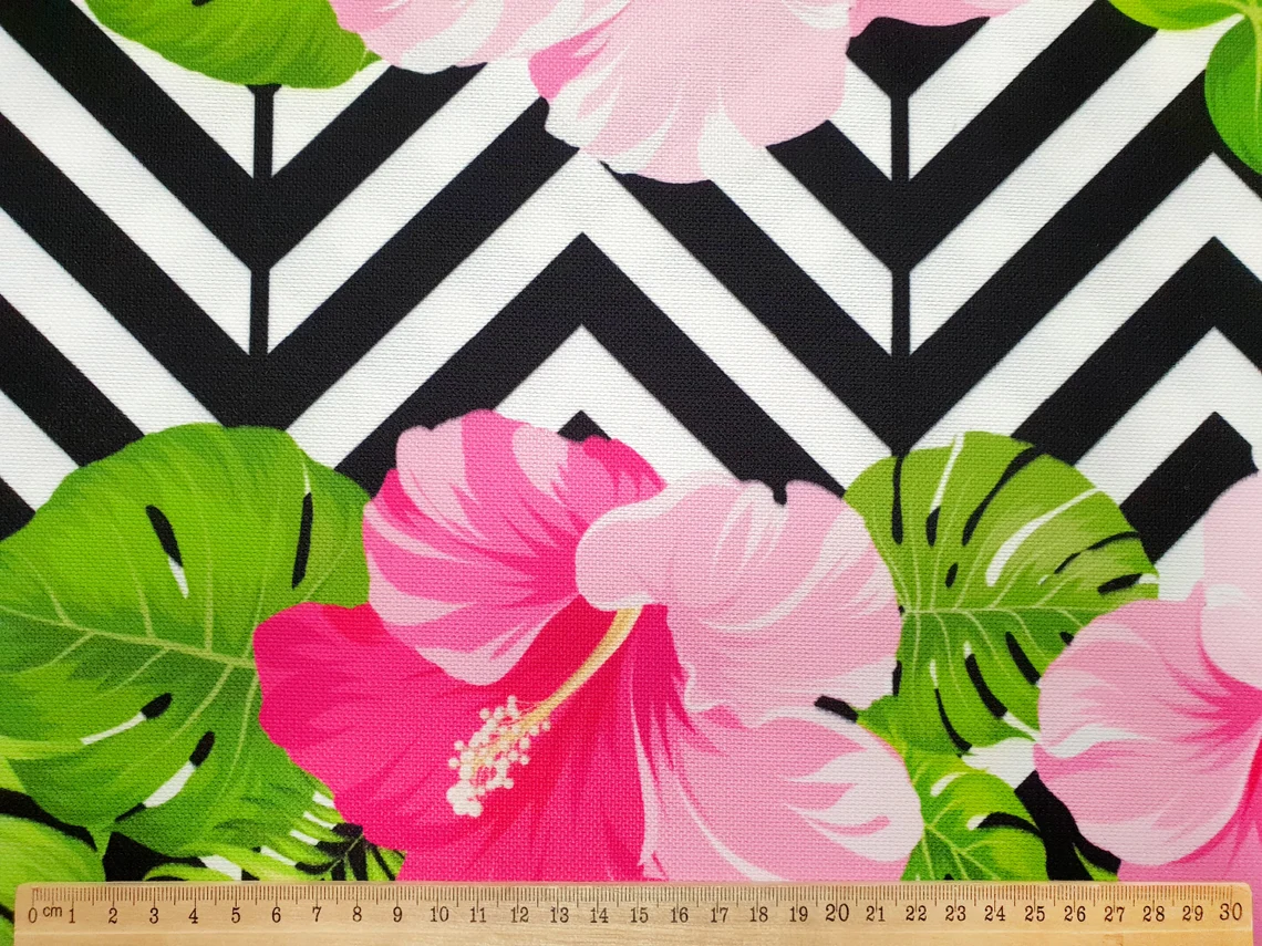 Pink Hibiscus Floral Chevron Fabric