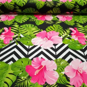 Pink Hibiscus Floral Chevron Fabric