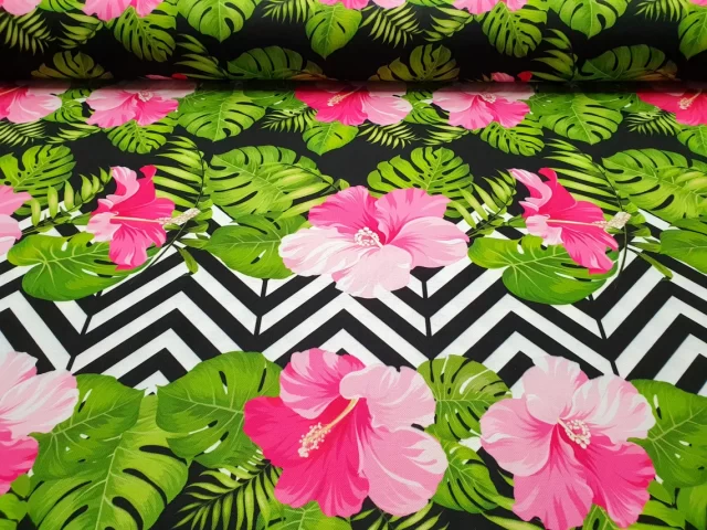Pink Hibiscus Floral Chevron Fabric