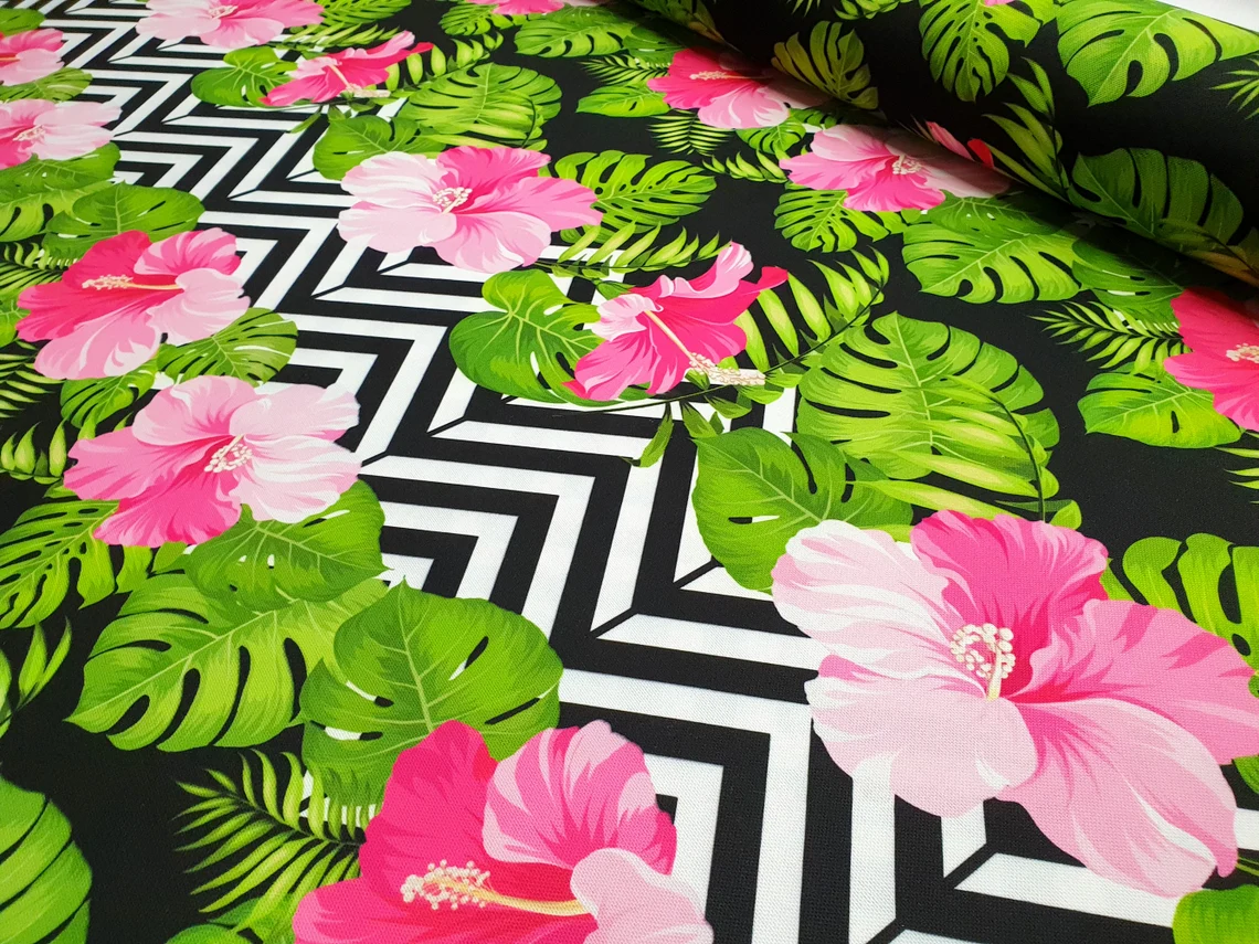 Pink Hibiscus Floral Chevron Fabric