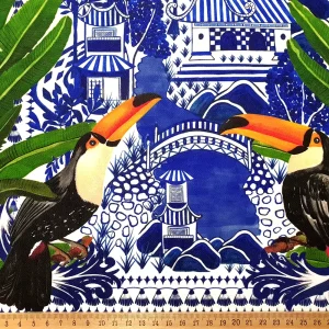 Toucan Birds and Azulejo Tiles Fabric