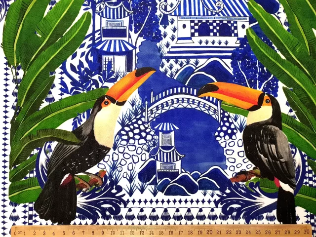 Toucan Birds and Azulejo Tiles Fabric