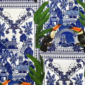 Toucan Birds and Azulejo Tiles Fabric
