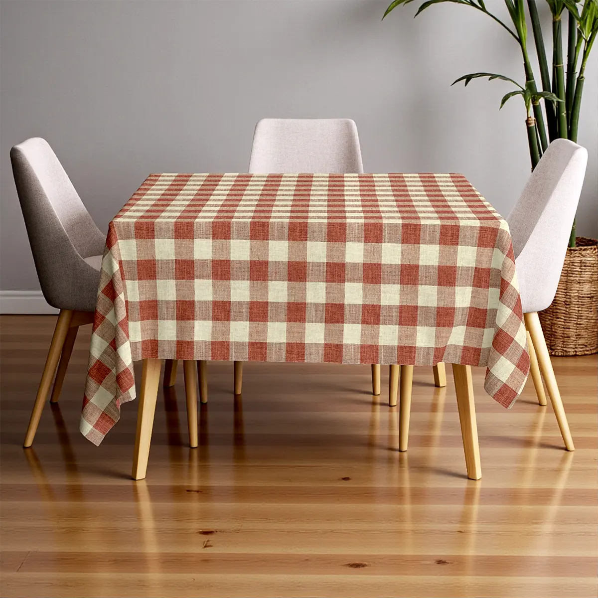 Brick Red Color Gingham Check Tablecloth
