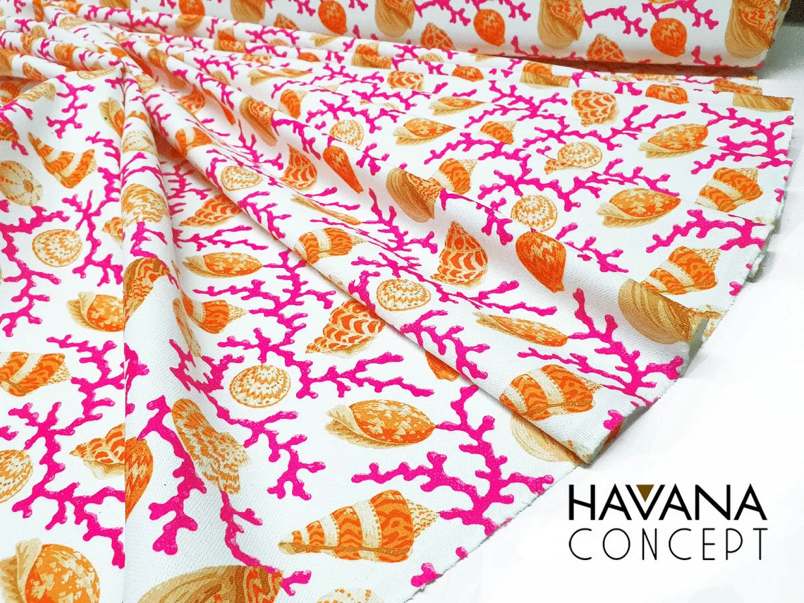 Fuchsia Orange Seashells and Corals Fabric