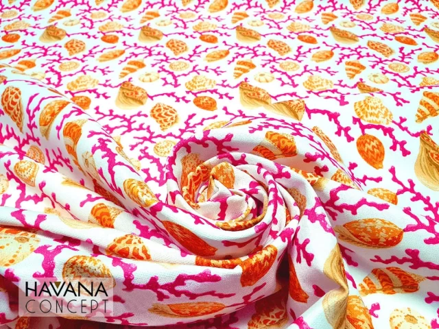 Fuchsia Orange Seashells and Corals Fabric