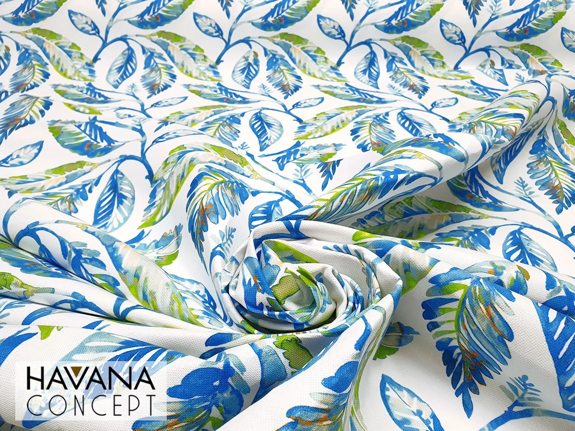 Blue Watercolor Leaves Fabric