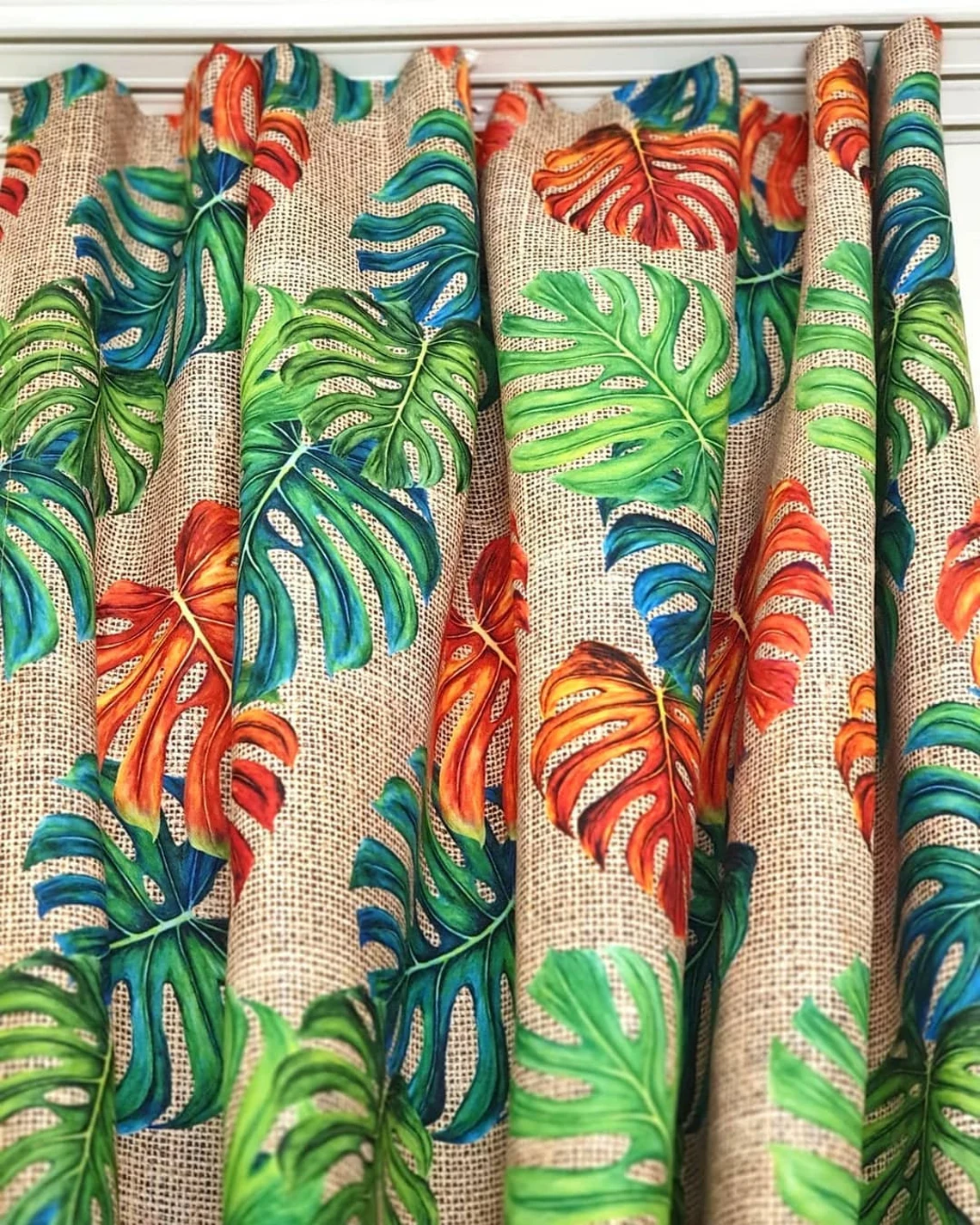 Orange Green Monstera Leaves Fabric by the Yard