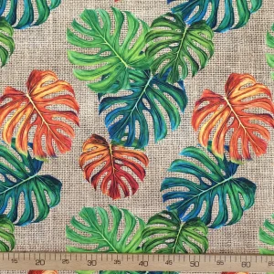 Orange Green Monstera Leaves Fabric