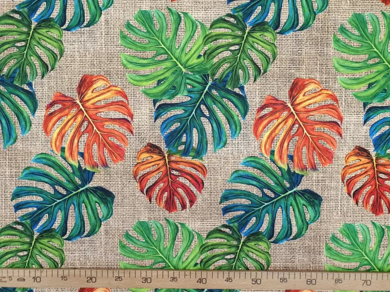 Orange Green Monstera Leaves Fabric