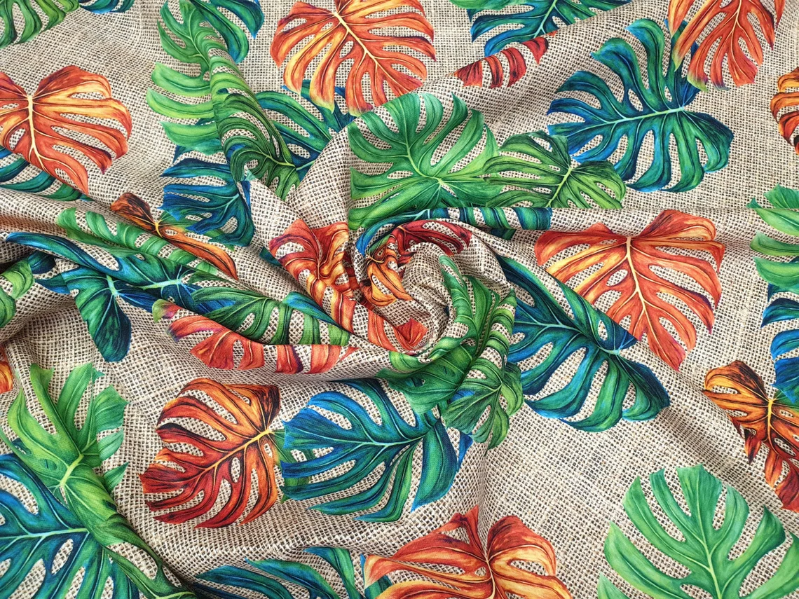 Orange Green Monstera Leaves Fabric by the Yard