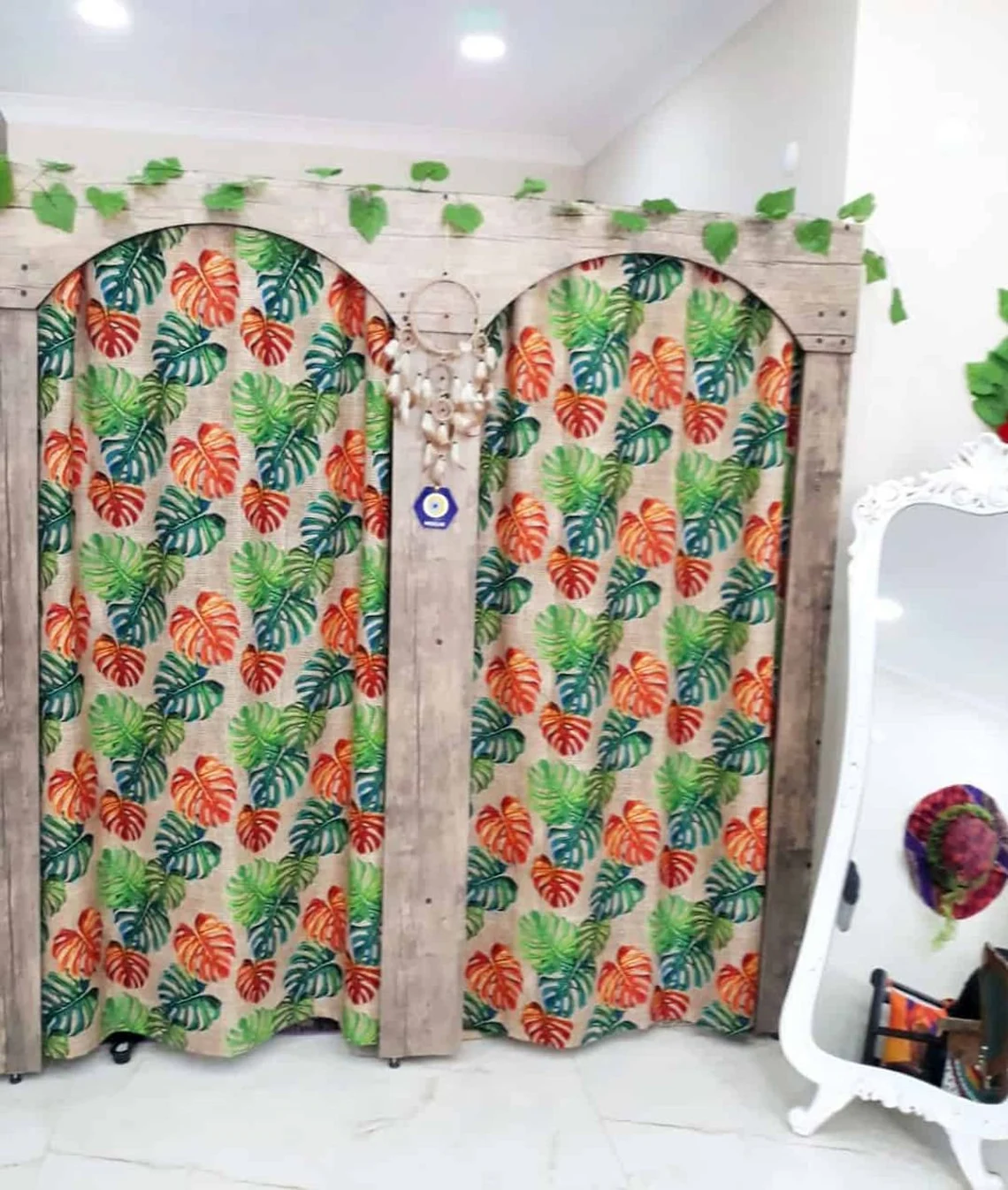 Orange Green Monstera Leaves Fabric by the Yard