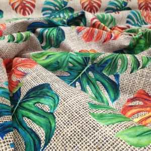 Orange Green Monstera Leaves Fabric by the Yard