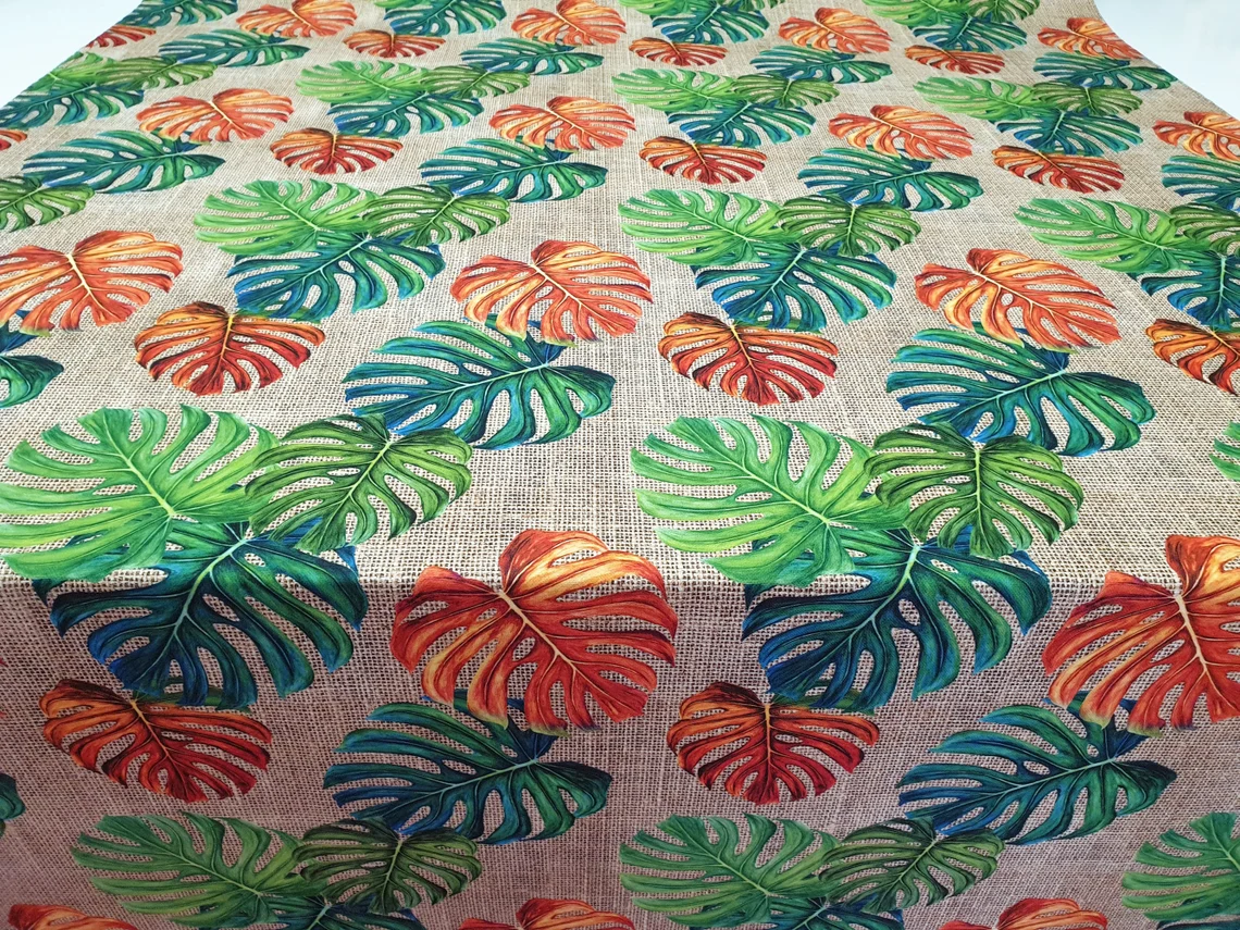 Orange Green Monstera Leaves Fabric by the Yard
