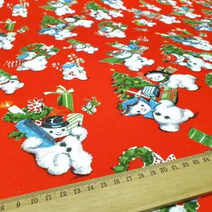 Snowmans Carrying Gifts Fabric - Christmas Fabric Red