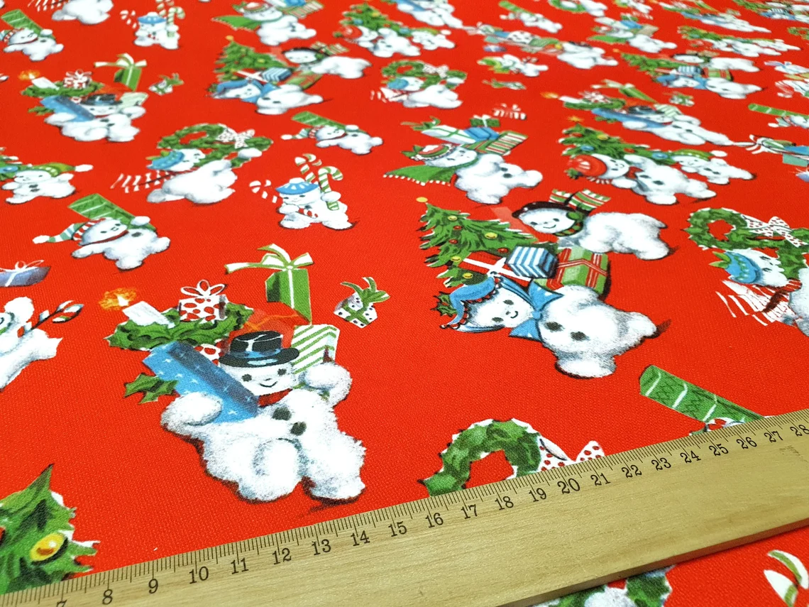 Snowmans Carrying Gifts Fabric - Christmas Fabric Red